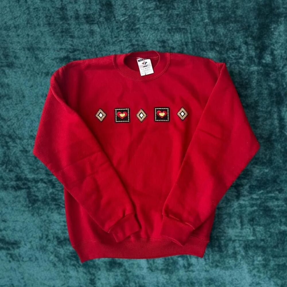 Vintage Jerzees Red Rhinestone Diamond Graphic Crewneck Sweatshirt M 10-12